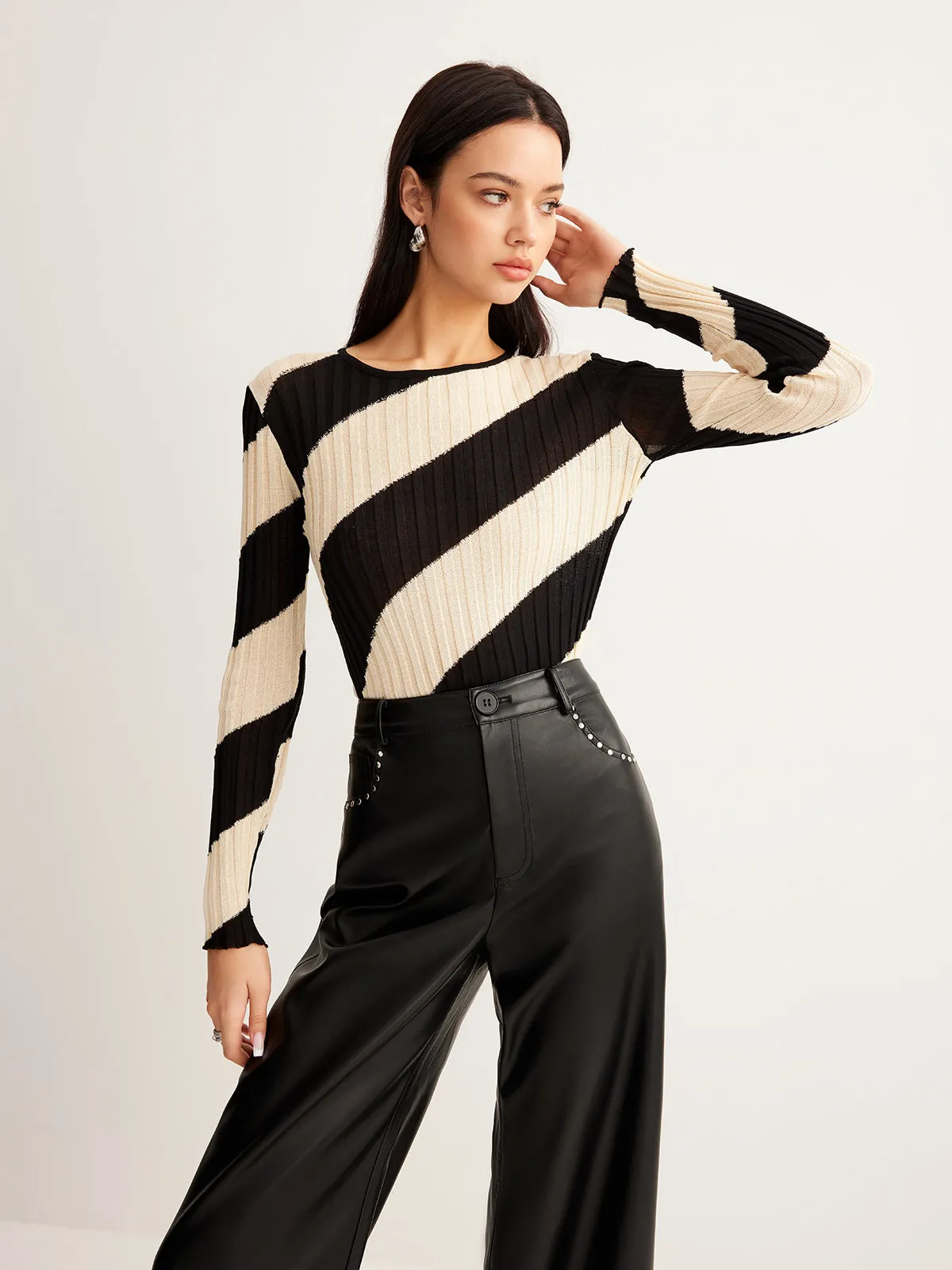Asymmetrical Striped Slim Knit Top sold by COMMENSE product image thumbnail 2