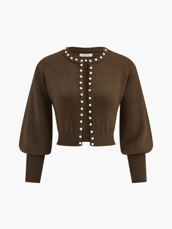 Pearl Trim Lantern Sleeve Knit Top sold by COMMENSE