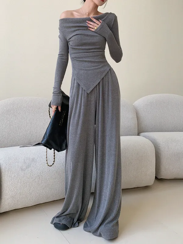 Plain Asymmetrical Draped Pants Set sold by COMMENSE