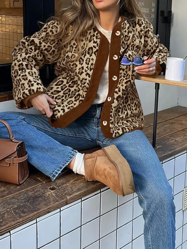 Contrast Trim Minky Leopard Jacket sold by COMMENSE