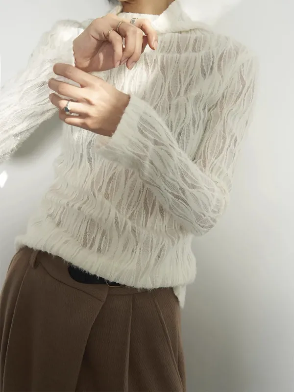 Mock Neck Semi-Sheer Plisse Top sold by COMMENSE