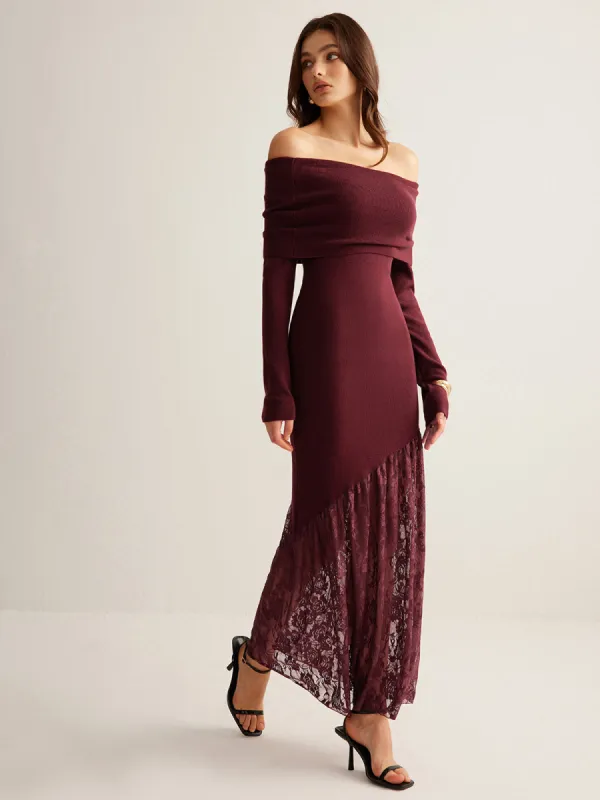 Off-Shoulder Lace Panel Sweater Dress sold by COMMENSE