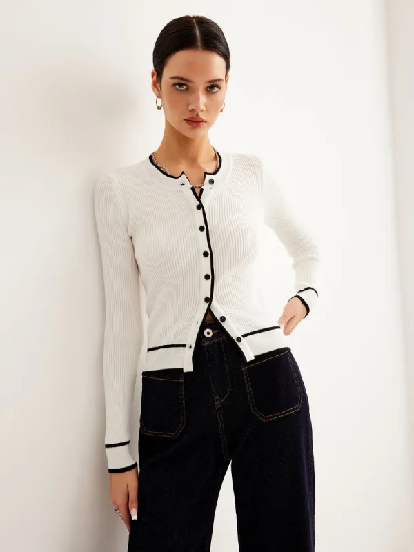 Contrast Binding Ribbed Button Cardigan sold by COMMENSE