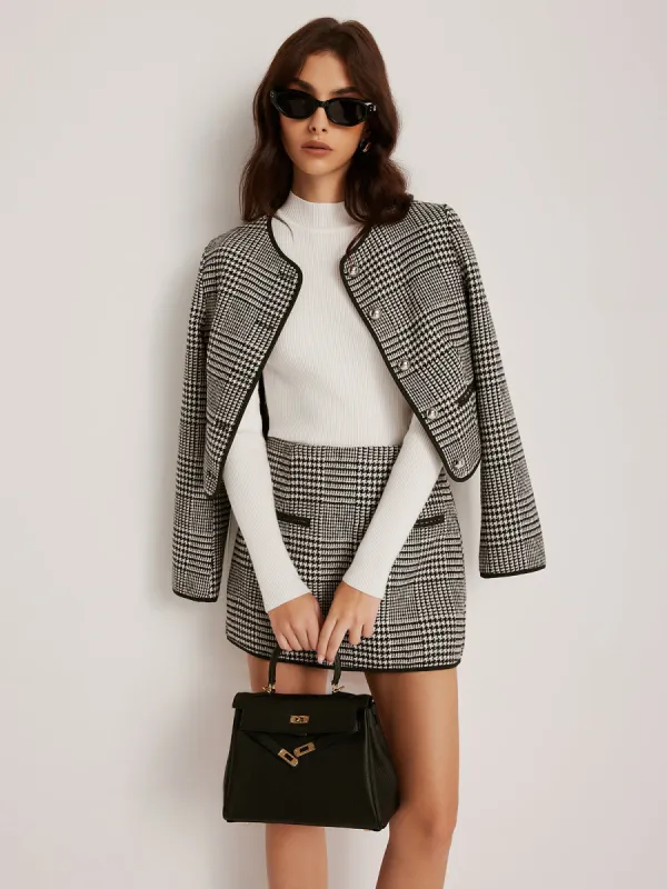 Contrast Trim Plaid Button Jacket sold by COMMENSE