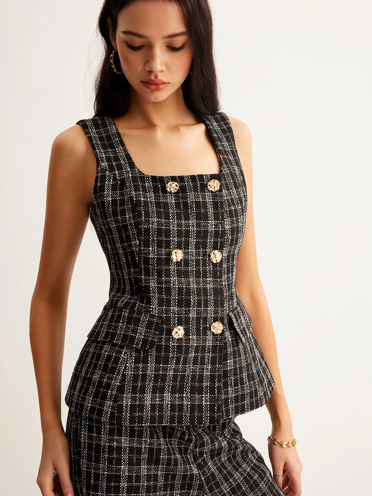 Checked Tweed Button Vest sold by COMMENSE product image thumbnail 5