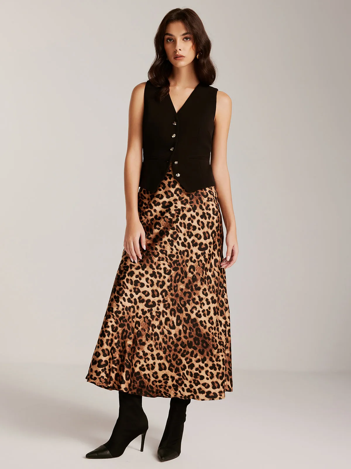 Metal-Button Vest With Leopard Zipper Skirt Set sold by COMMENSE