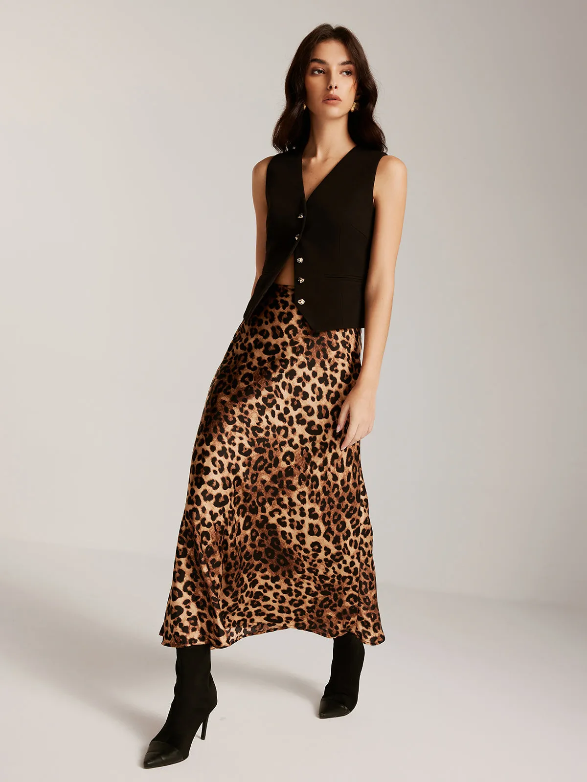 Metal-Button Vest With Leopard Zipper Skirt Set sold by COMMENSE product image thumbnail 2
