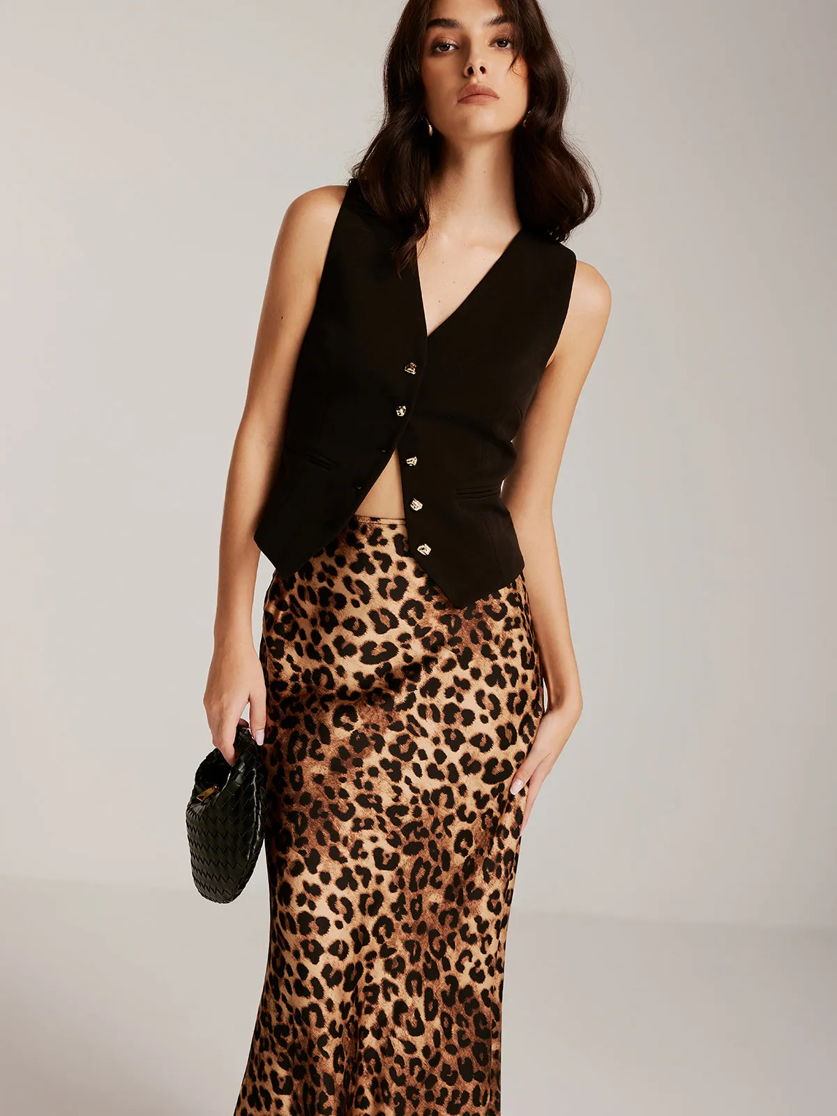 Metal-Button Vest With Leopard Zipper Skirt Set sold by COMMENSE product image thumbnail 3