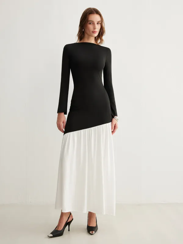 Two-Tone Chiffon Panel Jersey Pleated Dress sold by COMMENSE