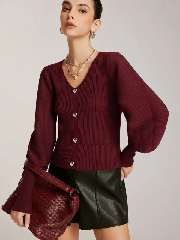 Lantern Sleeve V-Neck Sweater sold by COMMENSE