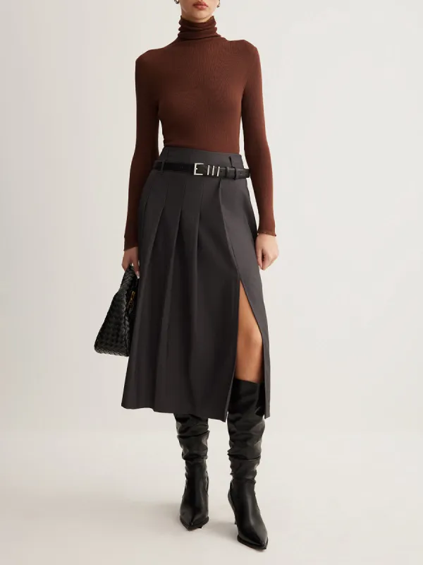 Side Split Pleated Skirt Without Belt sold by COMMENSE