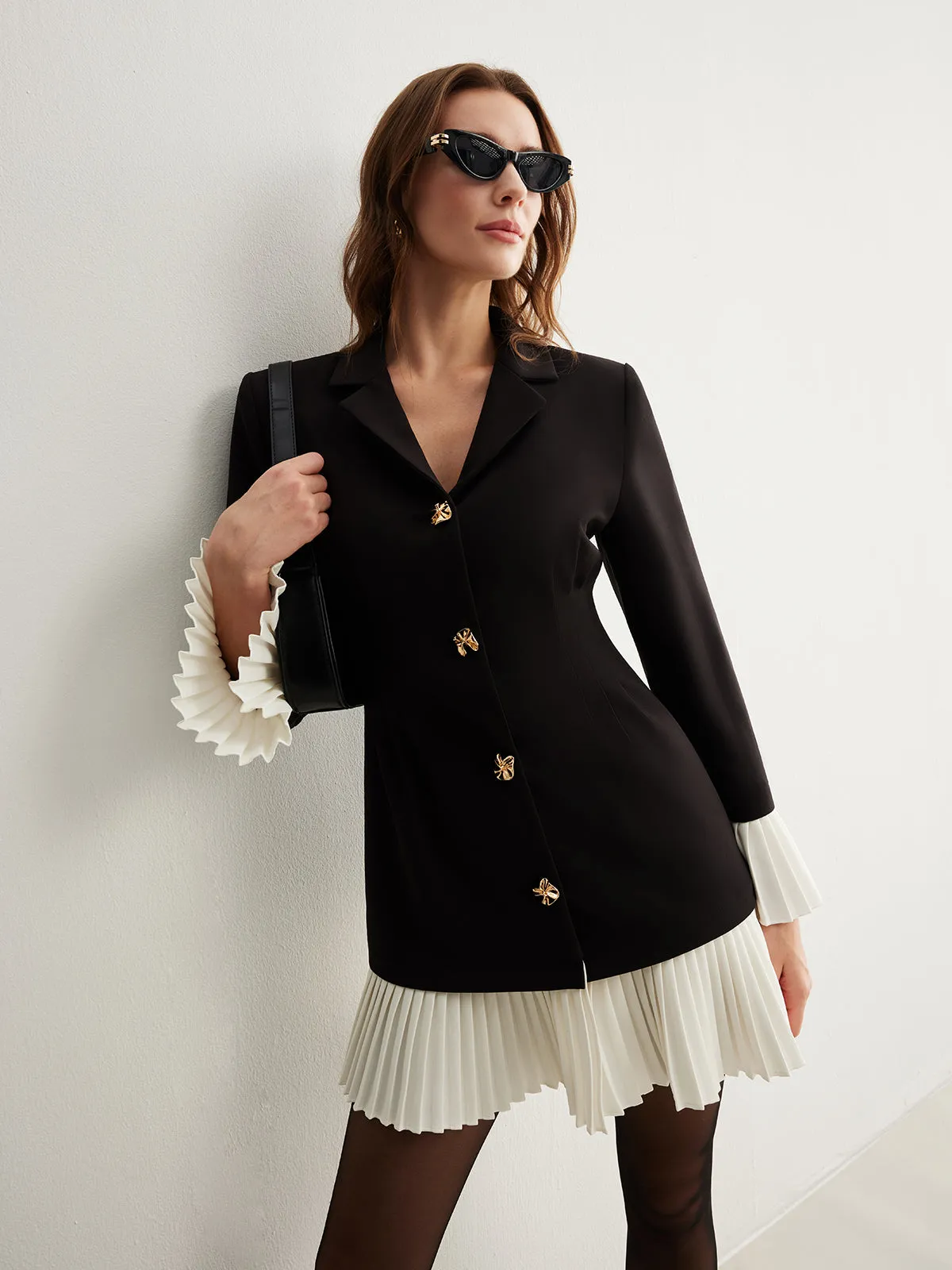 V-Neck Two-Tone Pleated Button Dress sold by COMMENSE product image thumbnail 5