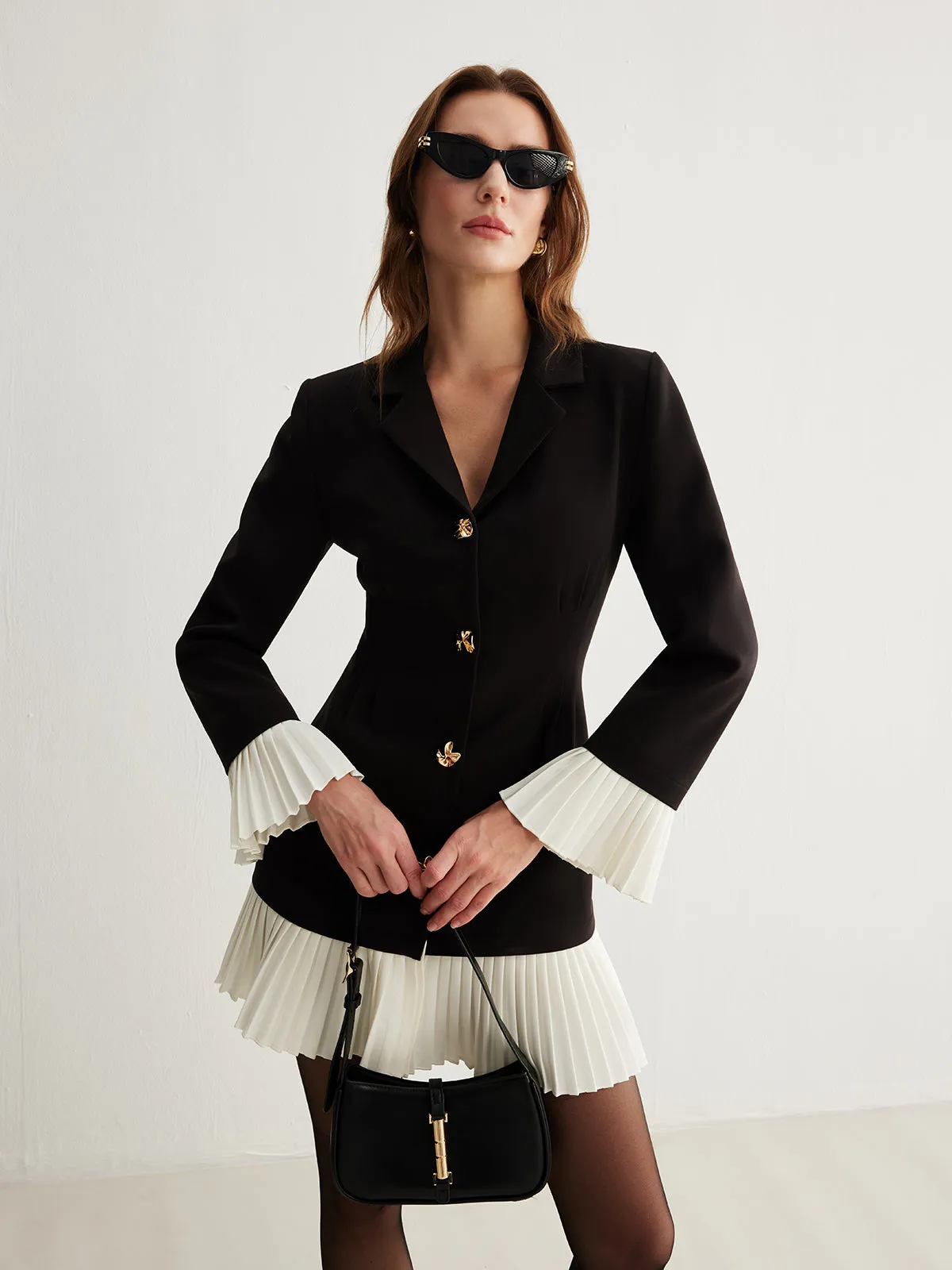 V-Neck Two-Tone Pleated Button Dress sold by COMMENSE