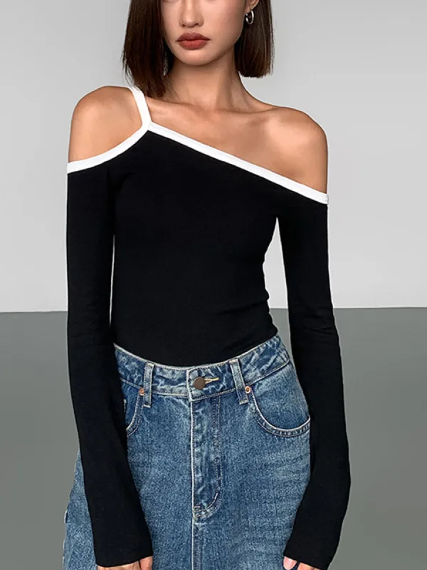 Asymmetrical Contrast Strap Slim Top sold by COMMENSE