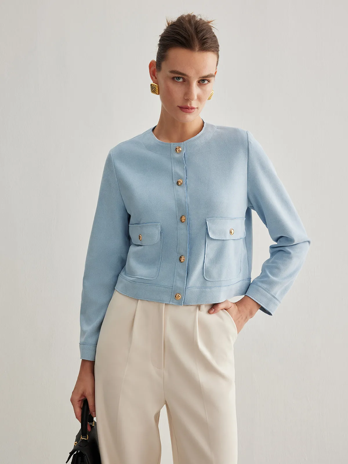 Round Neck Button Short Jacket sold by COMMENSE