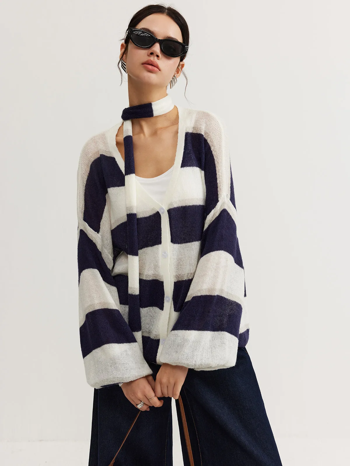 Striped Breasted Thin Cardigan With Scarf sold by COMMENSE product image thumbnail 3