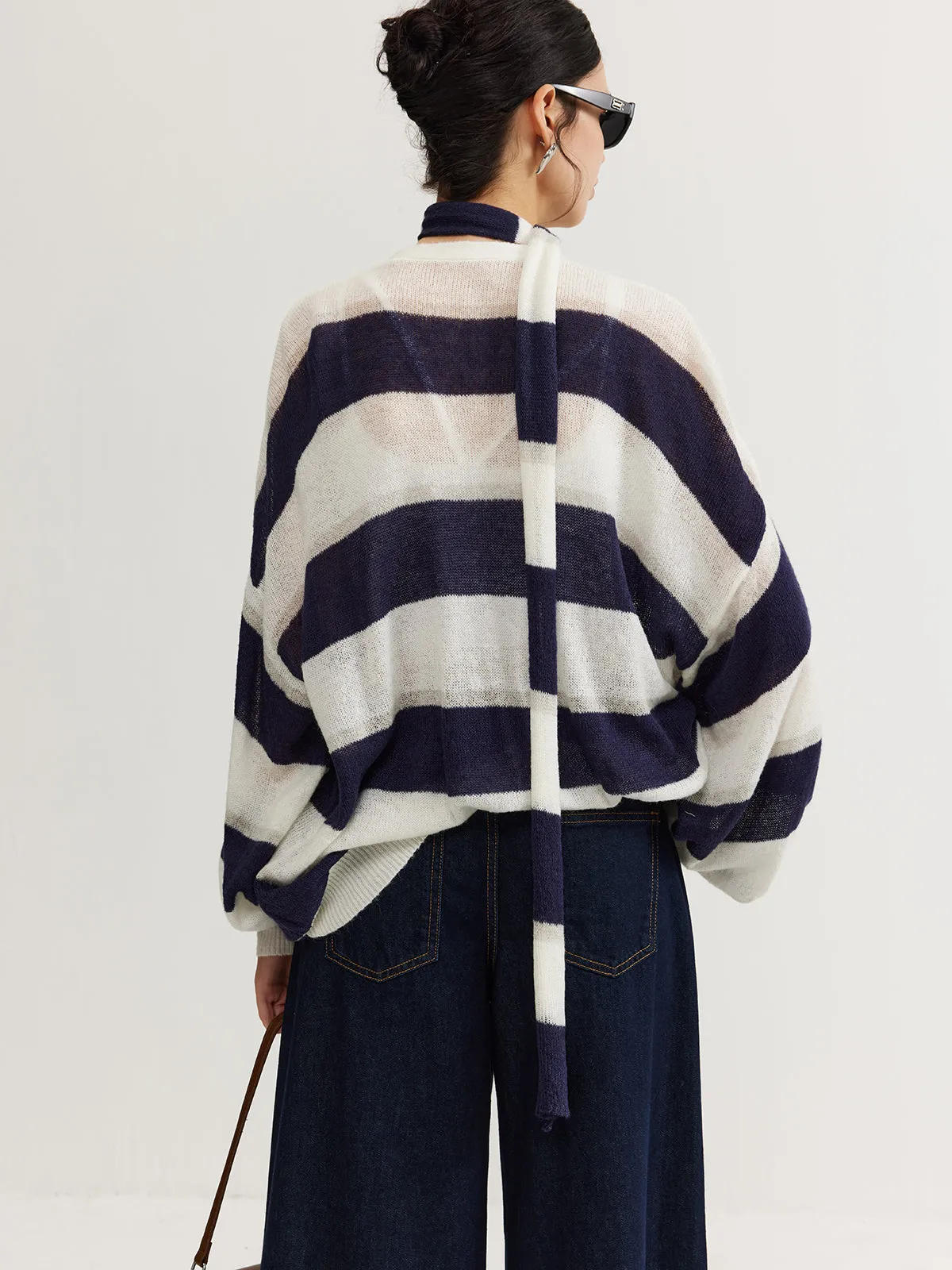 Striped Breasted Thin Cardigan With Scarf sold by COMMENSE product image thumbnail 4