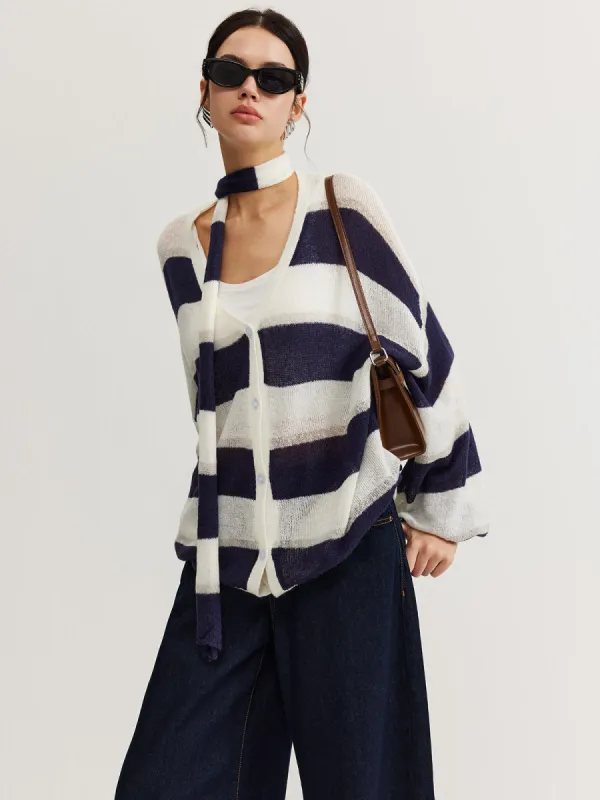 Striped Breasted Thin Cardigan With Scarf sold by COMMENSE