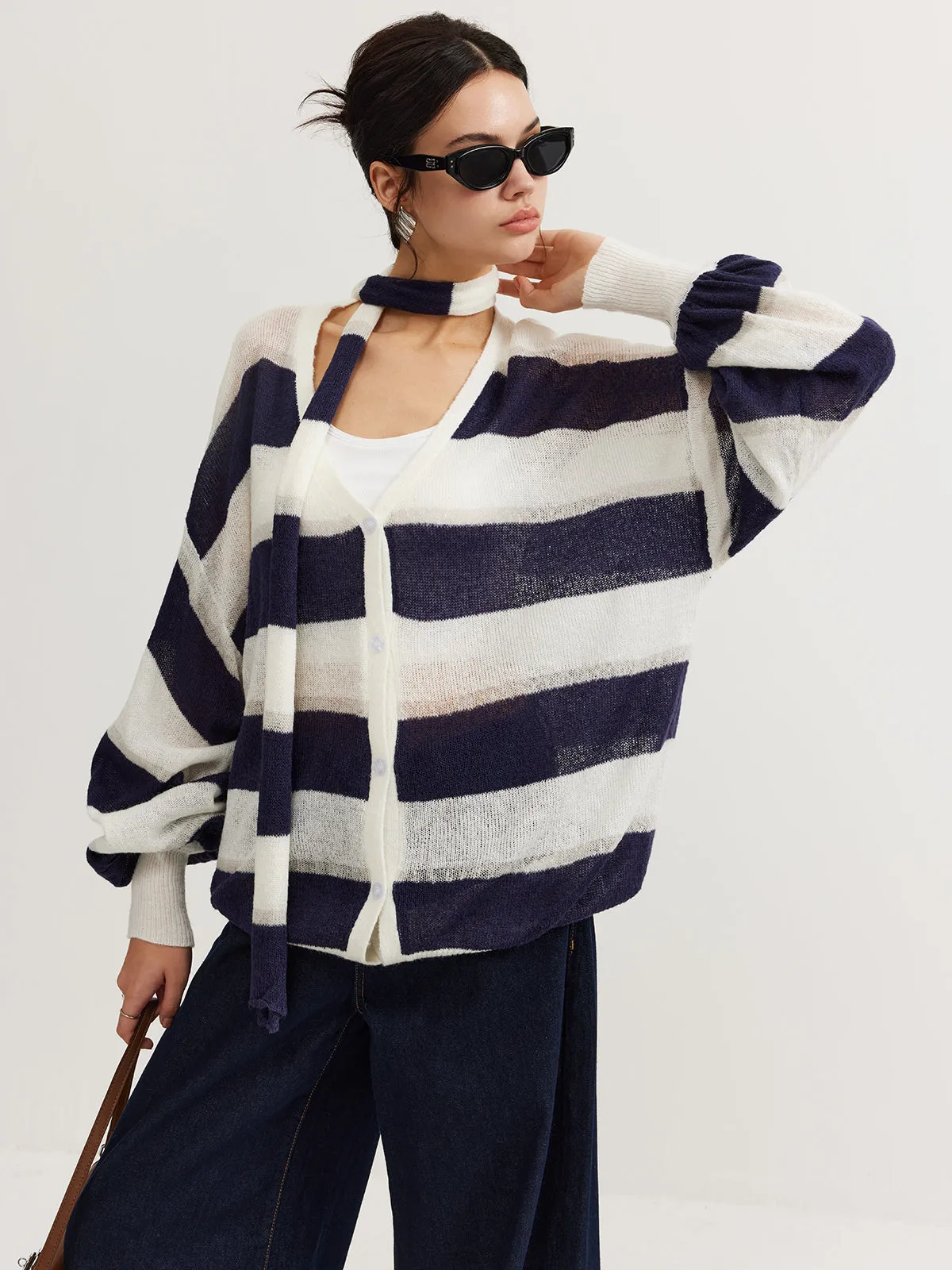 Striped Breasted Thin Cardigan With Scarf sold by COMMENSE product image thumbnail 5
