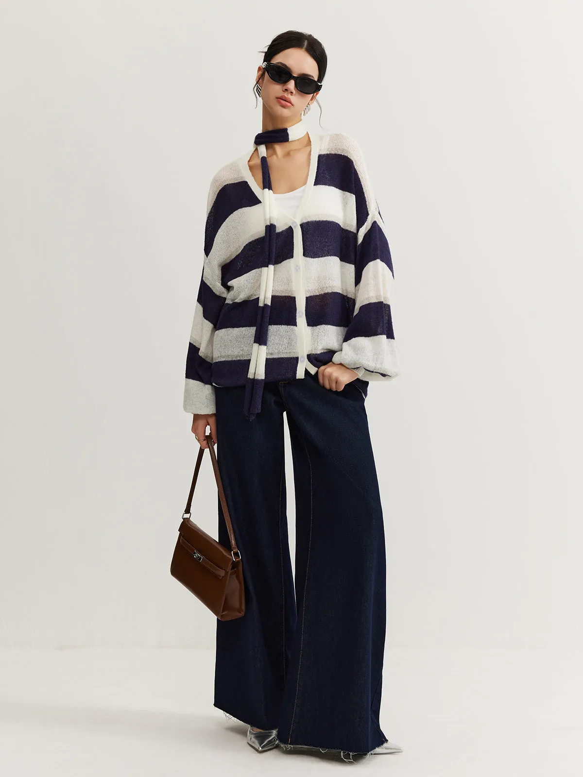 Striped Breasted Thin Cardigan With Scarf sold by COMMENSE product image thumbnail 2