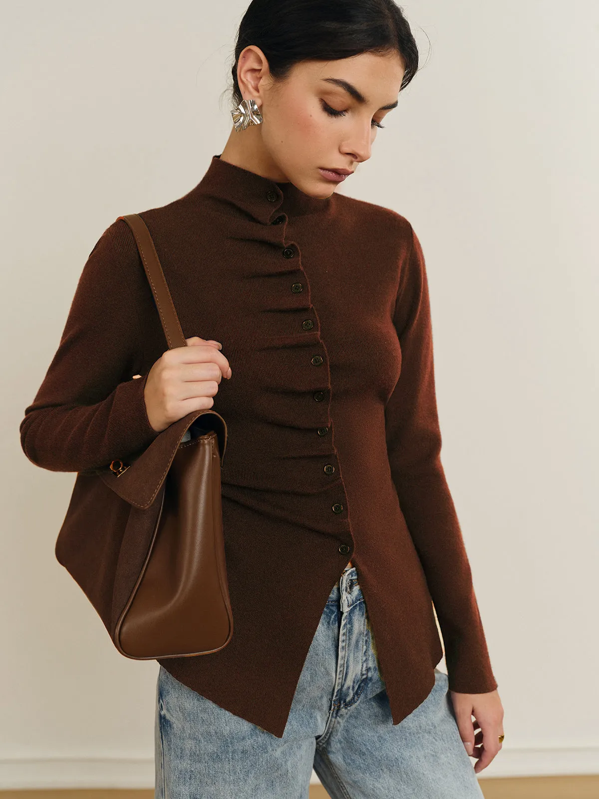 Button Pleated Split Knit Top sold by COMMENSE product image thumbnail 3