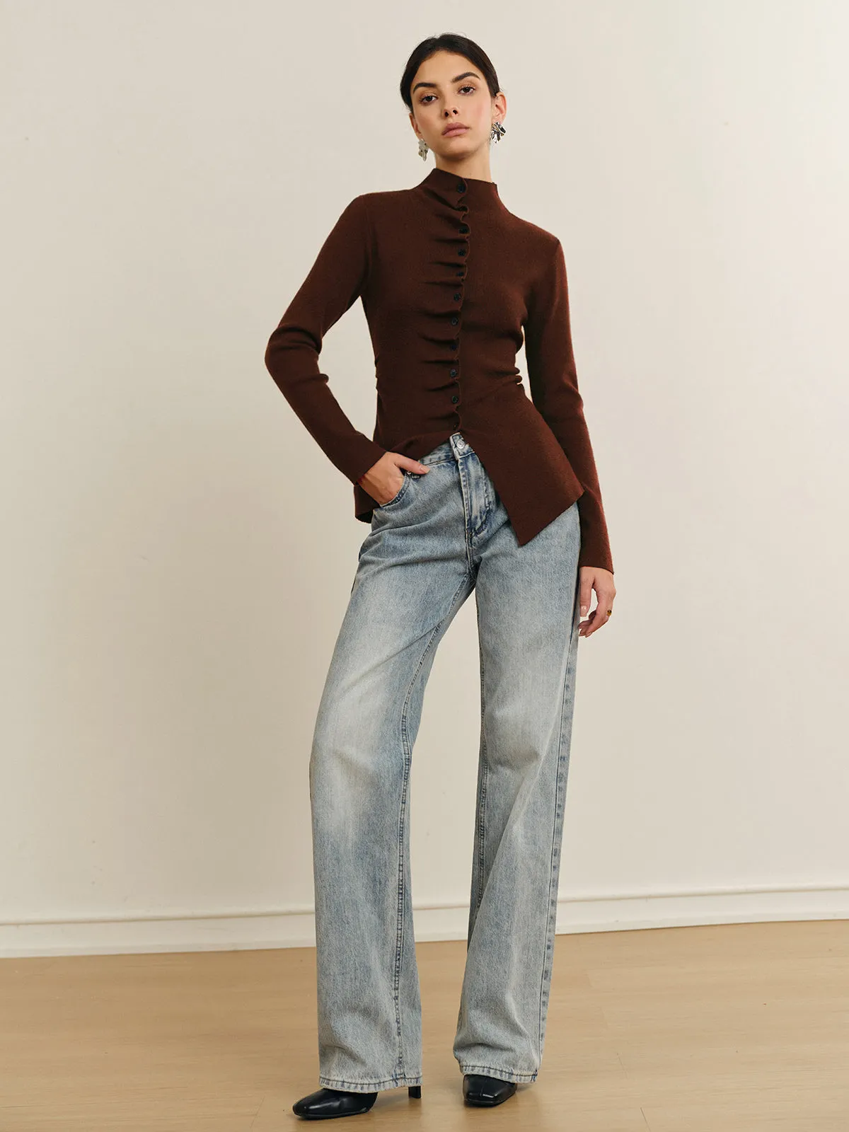 Button Pleated Split Knit Top sold by COMMENSE product image thumbnail 2
