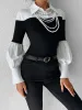 Color Block Skinny Lapel Top sold by COMMENSE