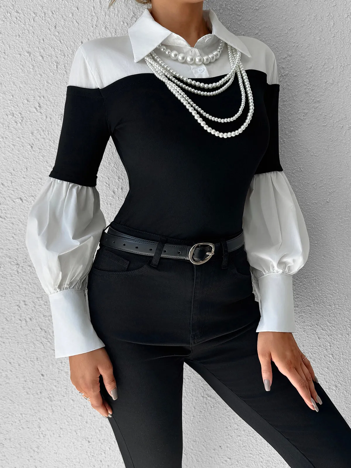 Color Block Skinny Lapel Top sold by COMMENSE product image thumbnail 5