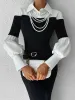 Color Block Skinny Lapel Top sold by COMMENSE