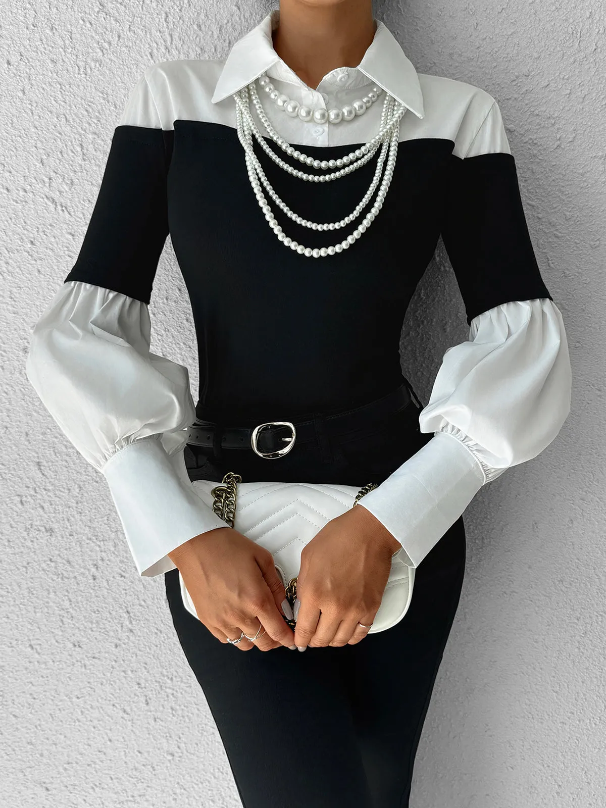 Color Block Skinny Lapel Top sold by COMMENSE product image thumbnail 3