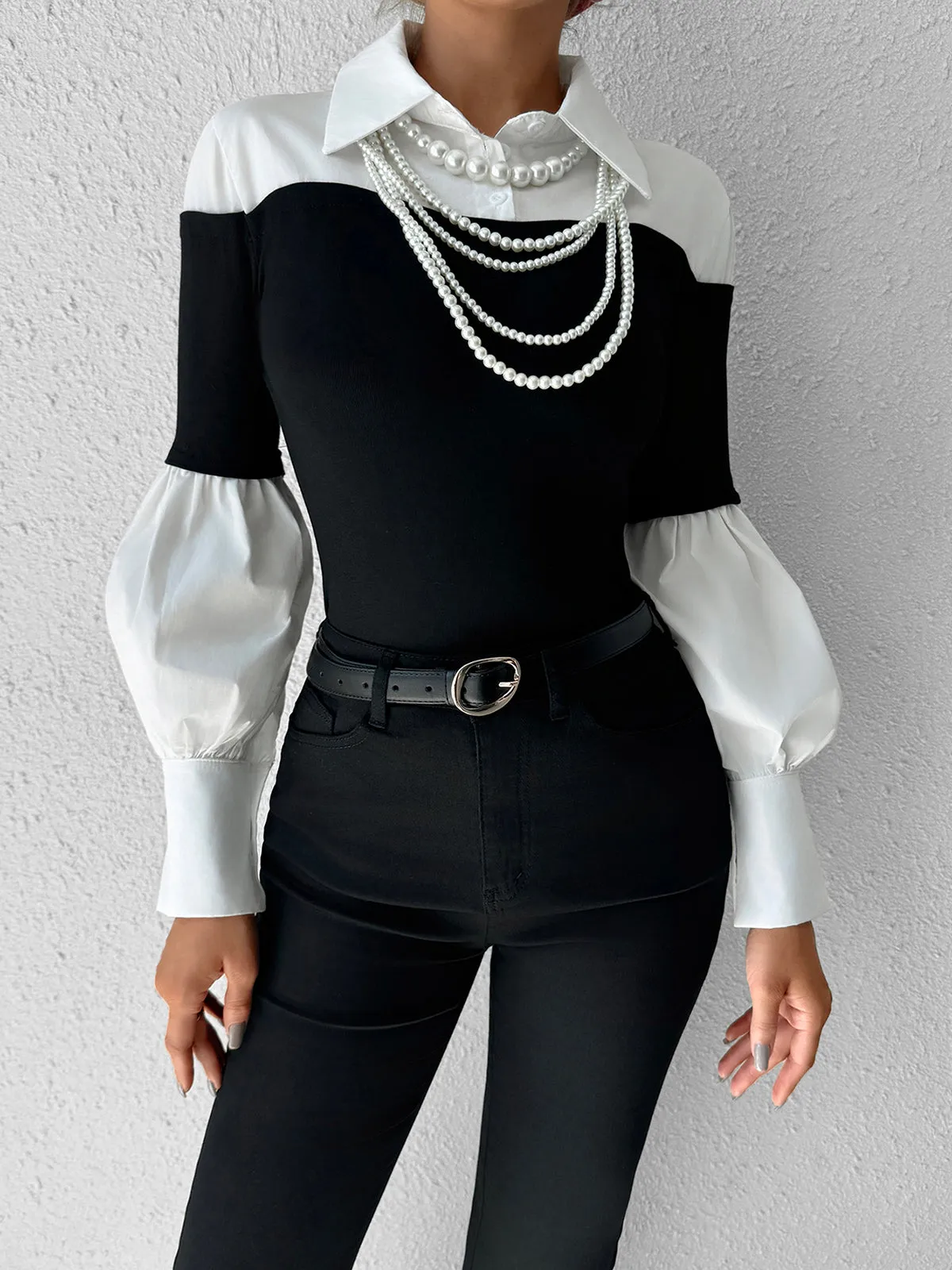 Color Block Skinny Lapel Top sold by COMMENSE product image thumbnail 4