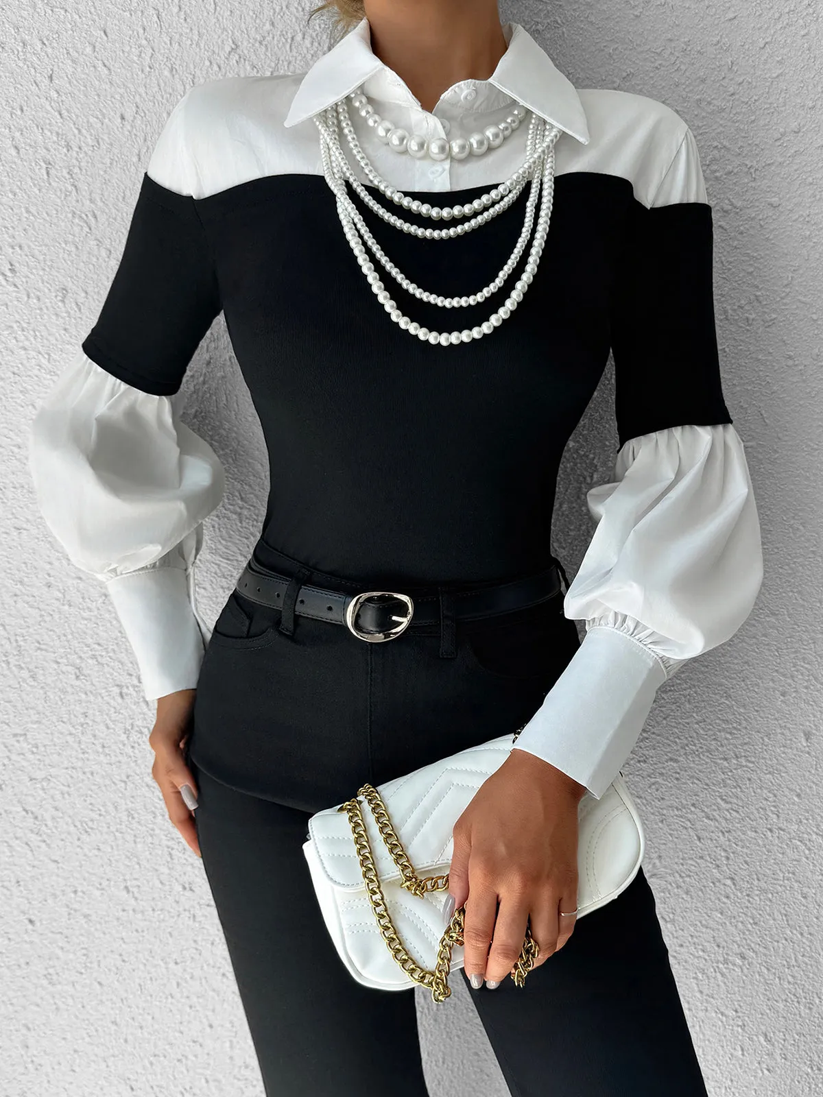 Color Block Skinny Lapel Top sold by COMMENSE