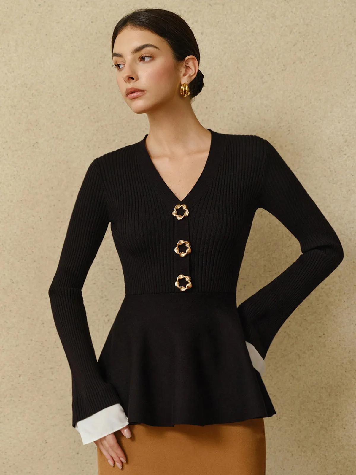 Contrast Cuff Ruffle Knit Top sold by COMMENSE product image thumbnail 2