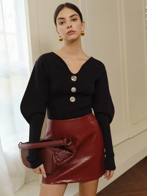 V-Neck Leg-Of Mutton Sleeve Sweater sold by COMMENSE