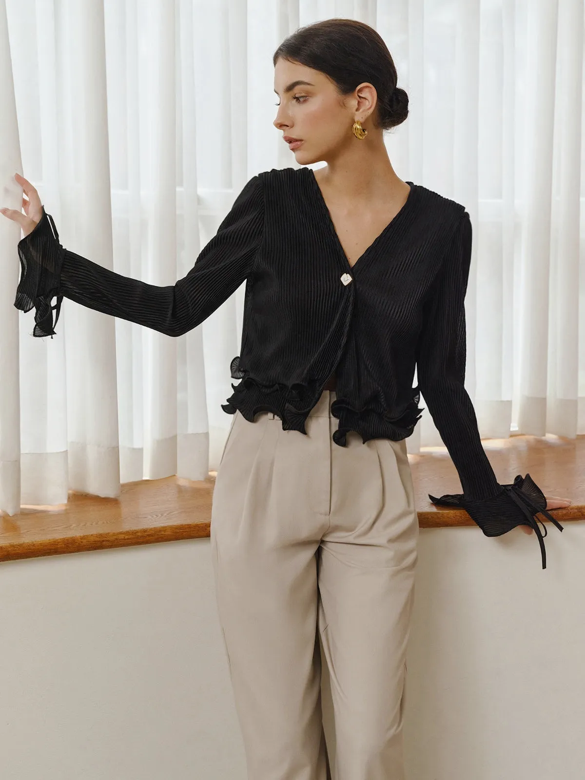 Ruffle Button Plisse Blouse sold by COMMENSE product image thumbnail 3
