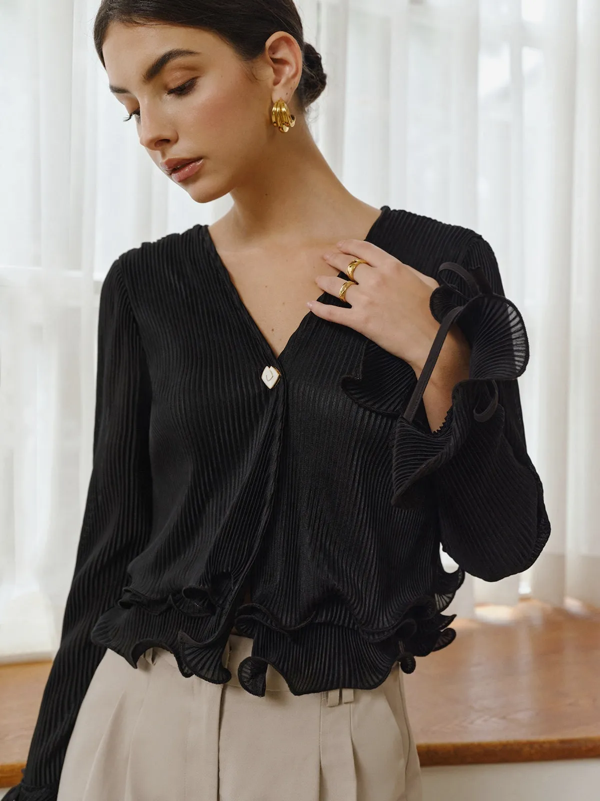 Ruffle Button Plisse Blouse sold by COMMENSE product image thumbnail 4