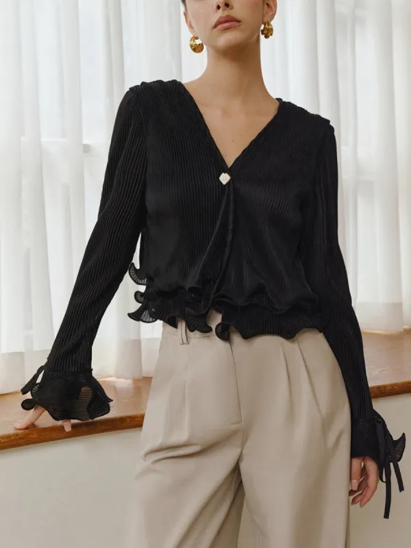 Ruffle Button Plisse Blouse sold by COMMENSE