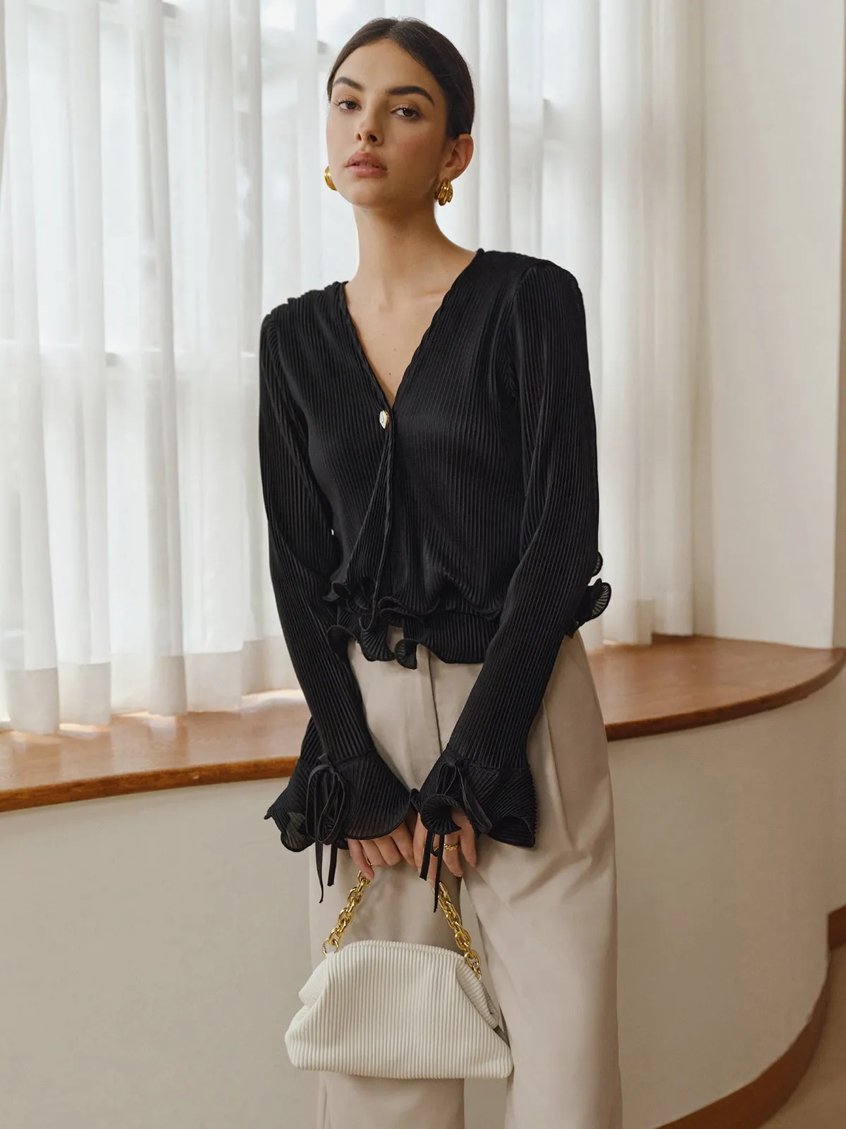 Ruffle Button Plisse Blouse sold by COMMENSE product image thumbnail 2