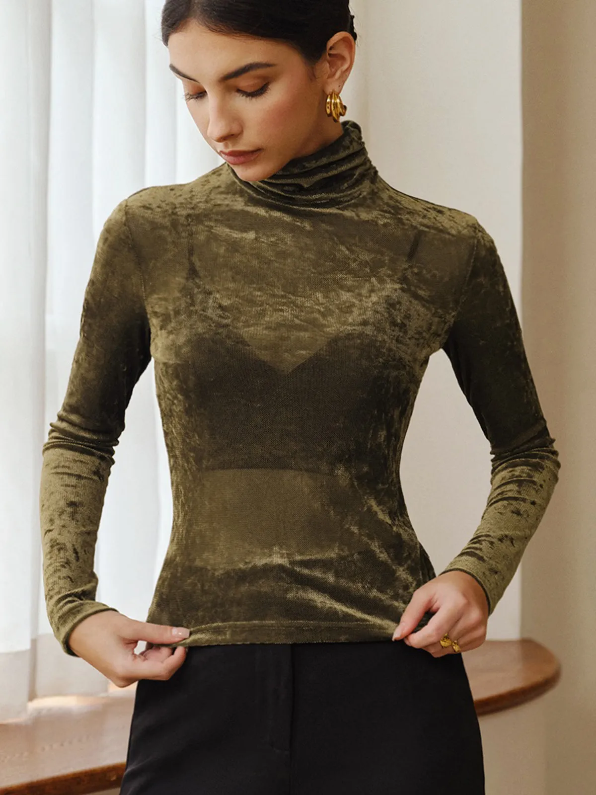 Turtleneck Semi-Sheer Velvet Top sold by COMMENSE product image thumbnail 3