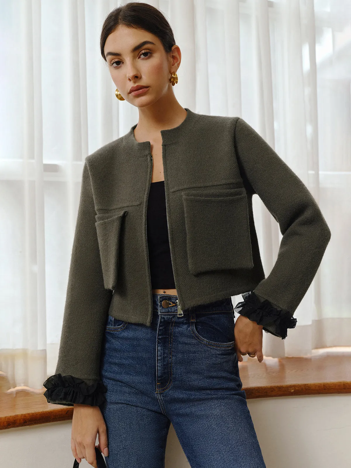 Retro Mesh Decor Zipper Cardigan sold by COMMENSE product image thumbnail 5