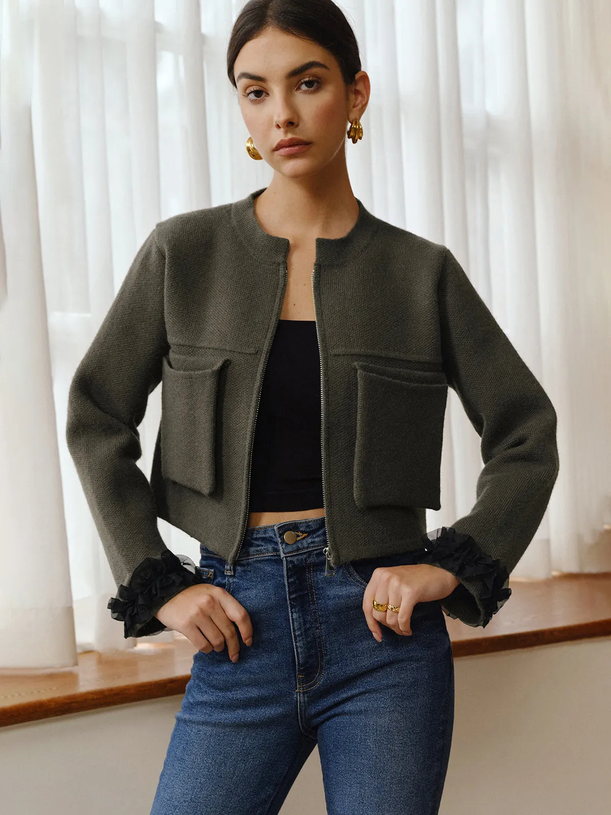 Retro Mesh Decor Zipper Cardigan sold by COMMENSE product image thumbnail 2