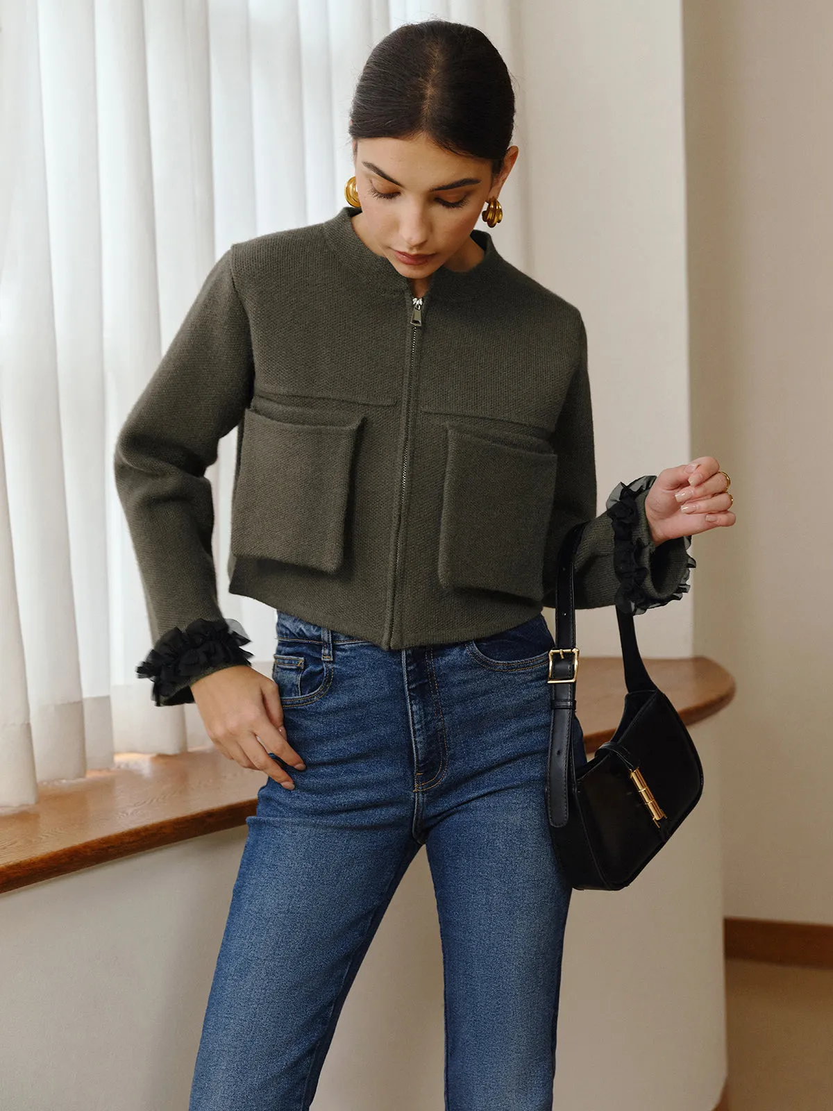 Retro Mesh Decor Zipper Cardigan sold by COMMENSE product image thumbnail 3