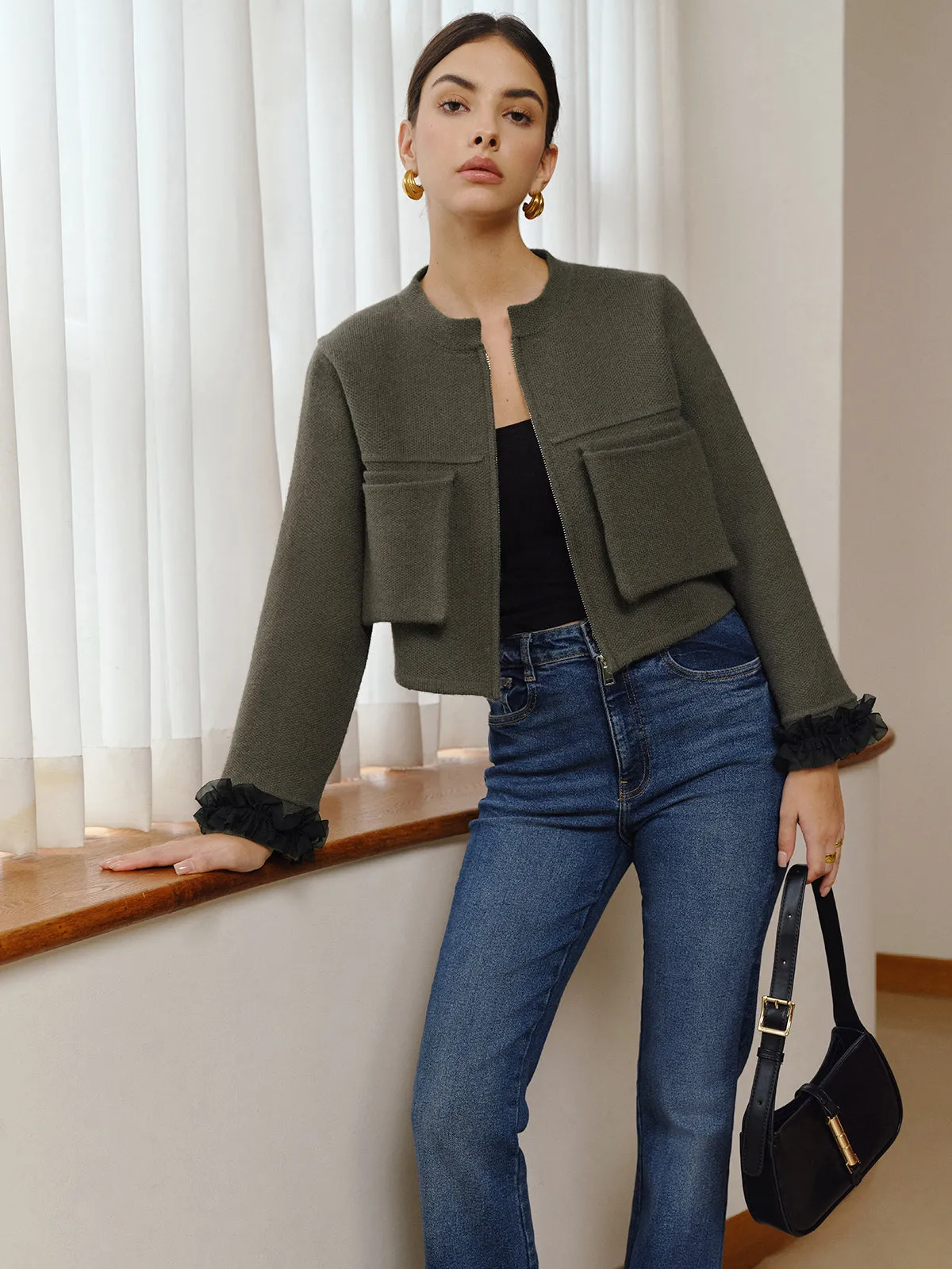 Retro Mesh Decor Zipper Cardigan sold by COMMENSE product image thumbnail 4