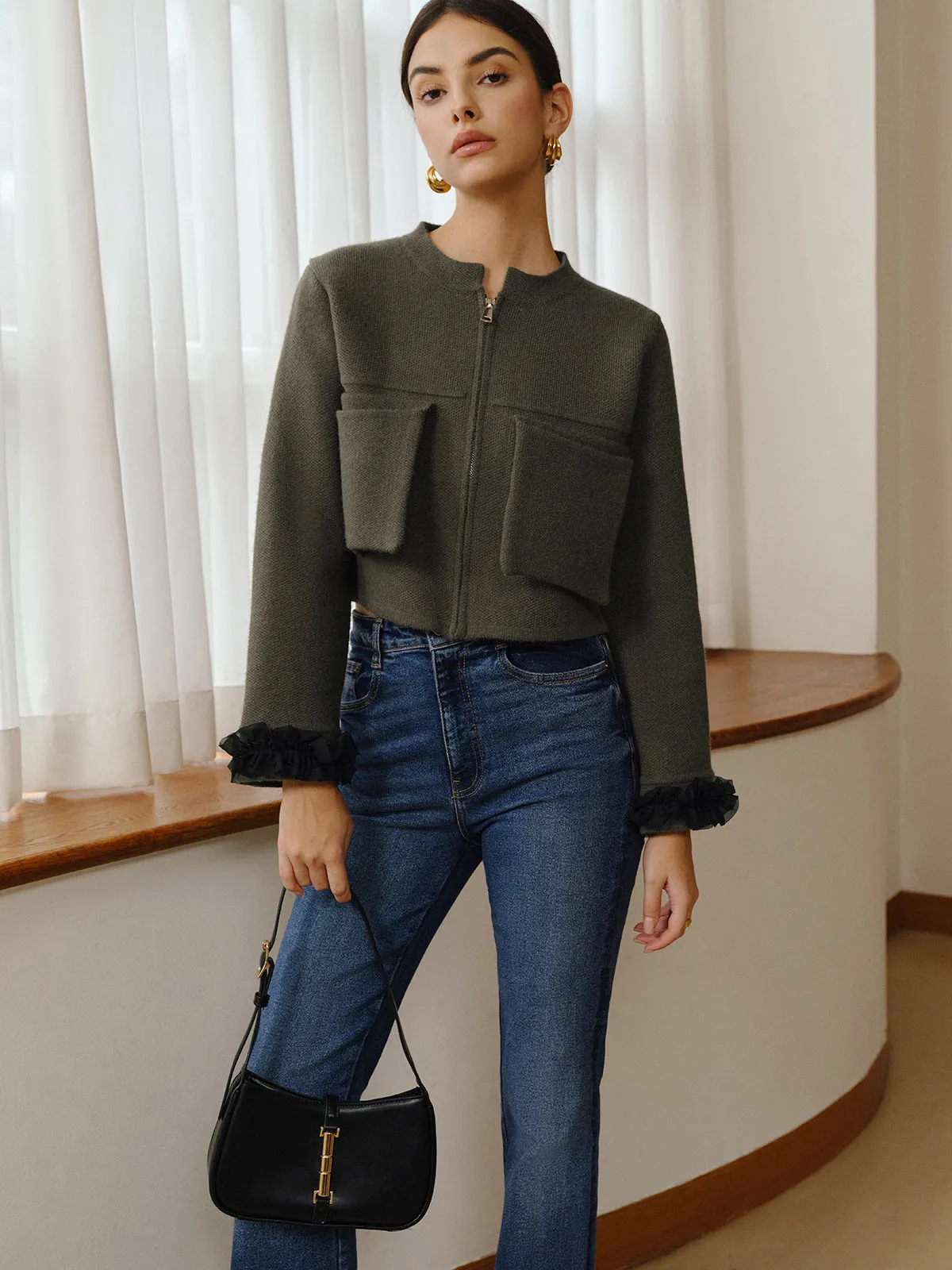 Retro Mesh Decor Zipper Cardigan sold by COMMENSE