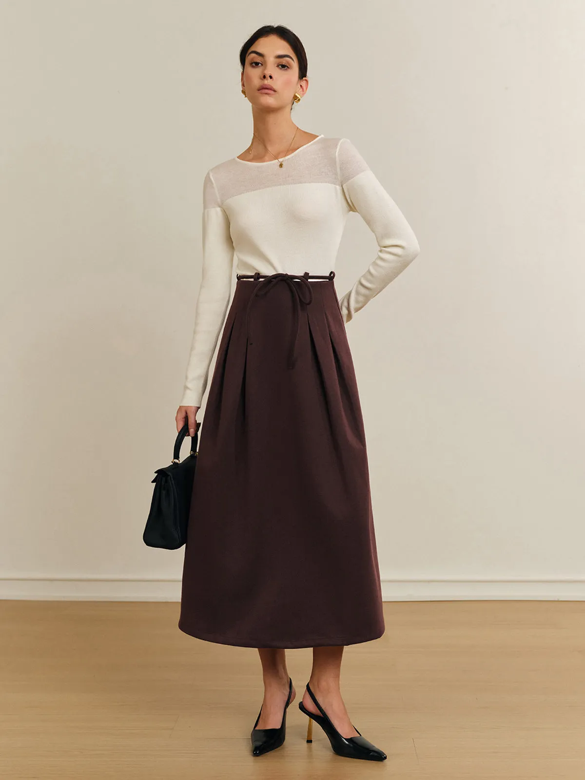 Drawstring Pleated Midi Skirt sold by COMMENSE product image thumbnail 3