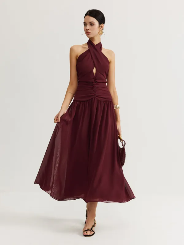 Cross-Over Halter Pleated Long Dress sold by COMMENSE