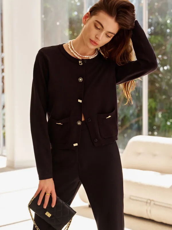 Wool-Blend Geometric-Button Cardigan sold by COMMENSE