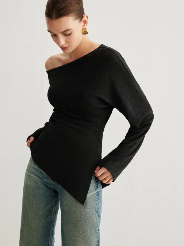 Asymmetrical Neck Slit Cinched Top sold by COMMENSE