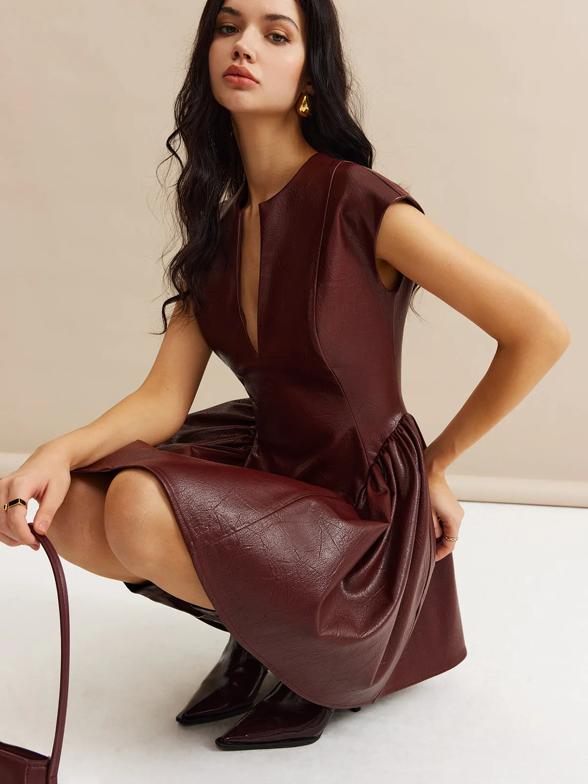 Faux Leather Panel Pleated Dress sold by COMMENSE product image thumbnail 2