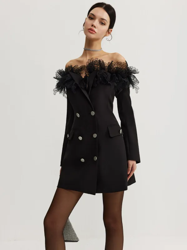 Off-Shoulder Lace Panel Blazer Dress sold by COMMENSE